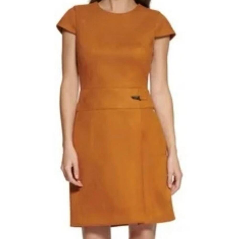 DKNY Cognac Faux Suede Sheath Dress Size 12 Office Career Fall Fashion Short